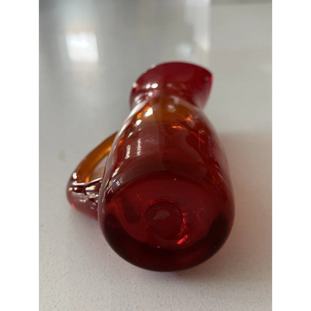 Vintage Small Amberina Glass Hand Blown Glowing‎ Pitcher with Orange Handle 7.5
